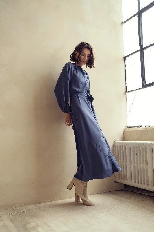 Bliss Flowy Button Maxi Dress Blue Comfortable Cotton Maxi Dress