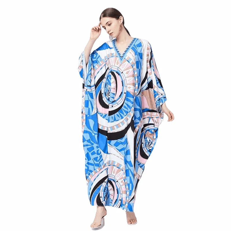 Blue Silk Bohemian Plus Size Dress V-neck Batwing Sleeve Maxi Dress Classic Solid Maxi Dress