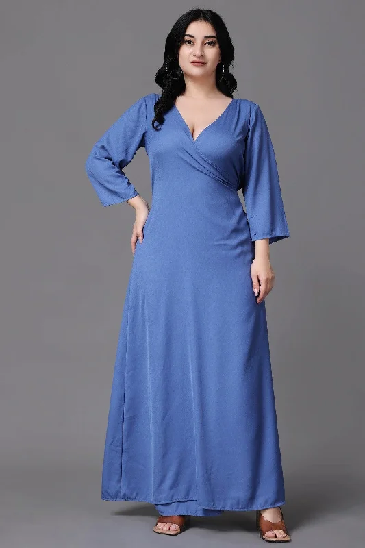 Blue Solid Wrap Around Maxi Dress Trendy A-Line Maxi Dress