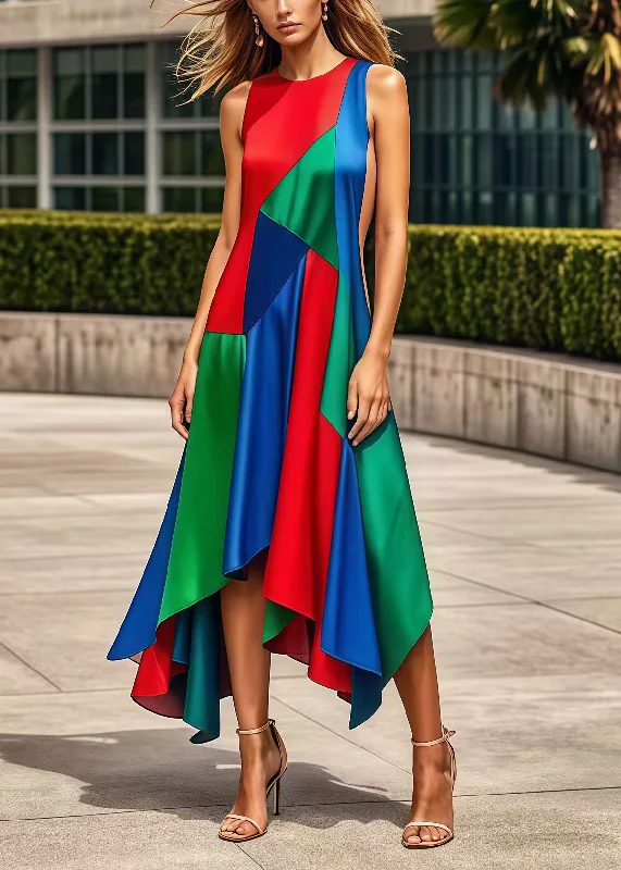 Bohemian Multicolor Asymmetrical Patchwork Silk Maxi Dresses Summer Stylish Empire Waist Maxi Dress