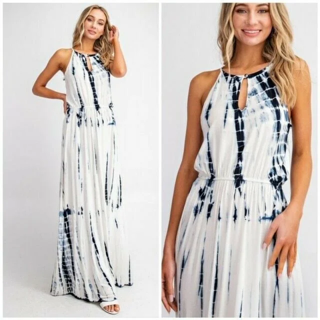 Boho White & Blue Tie Dye Summer Long Maxi Dress Casual Womens Stylish A-Line Maxi Dress