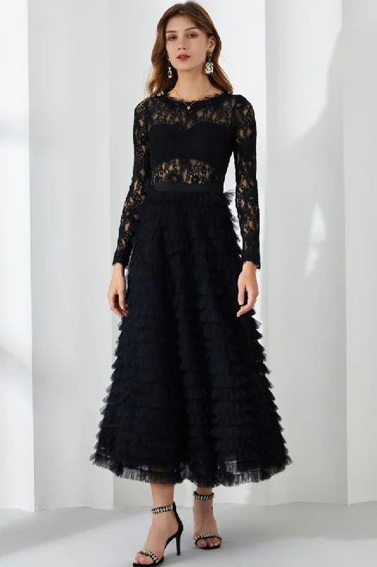 Chic Eyelash Lace Long Sleeve Tiered Ruffle Tulle Evening Maxi Dress - Black Trendy A-Line Maxi Dress