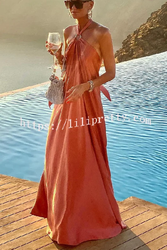 Lilipretty Classy and Fabulous Satin Halter Backless Maxi Dress Fashionable Sheer Maxi Dress