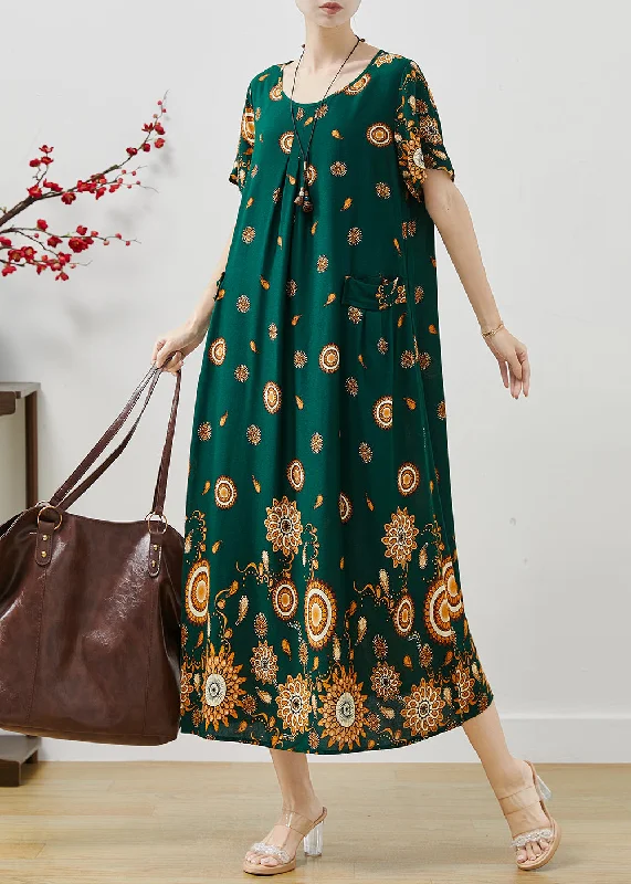 Classy Green Oversized Print Cotton Maxi Dress Summer Stylish Longline Maxi Dress