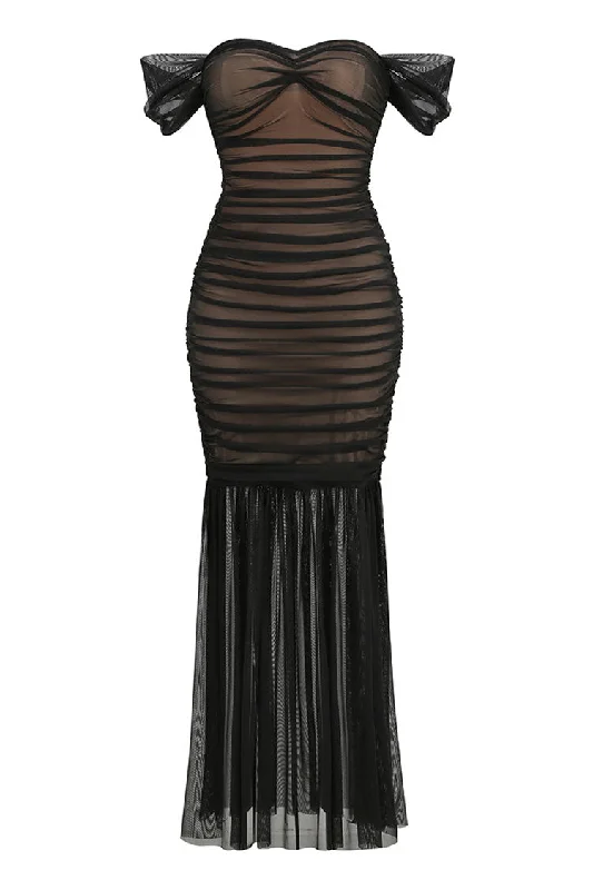 Elegant Off The Shoulder Ruched Bodycon Mesh Fishtail Formal Maxi Dress Comfortable Maxi Dress with Belt