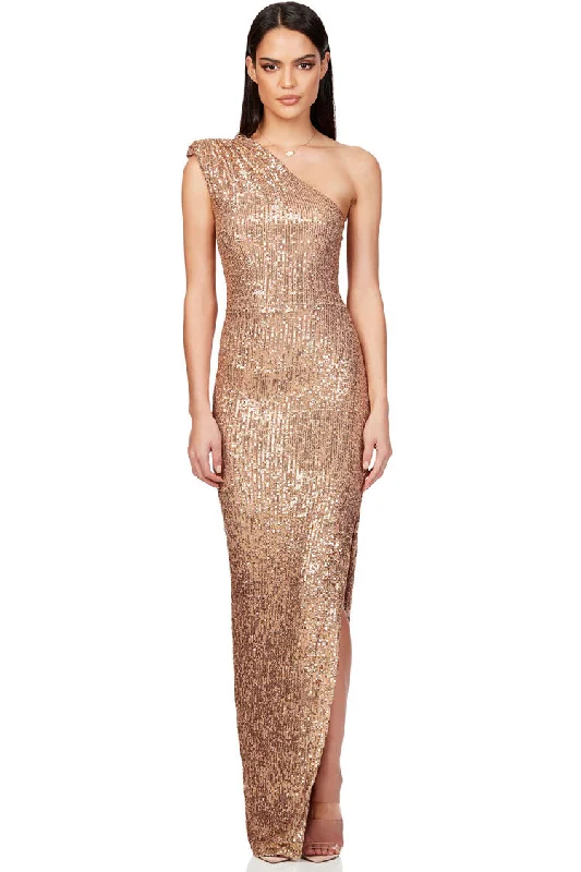 Elegant Padded One Shoulder Split Sequin Evening Maxi Dress - Champagne Trendy Off-Shoulder Ruffle Maxi Dress