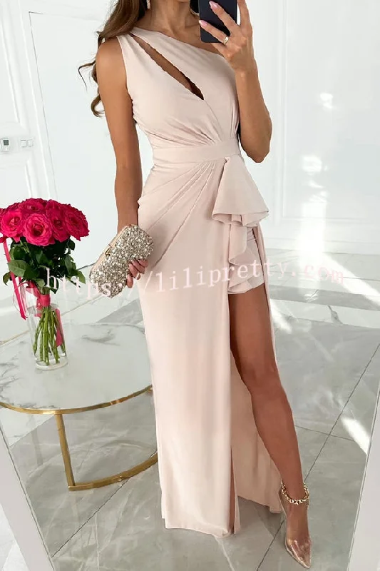 Lilipretty Forever Luxe One Shoulder Cutout Ruffle Split Maxi Dress Stylish Maxi Dress with Pleats