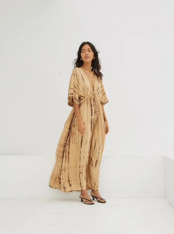 Goddess Tie Dye Kaftan Maxi Dress - Tan Fashionable Maxi Dress with Fringe