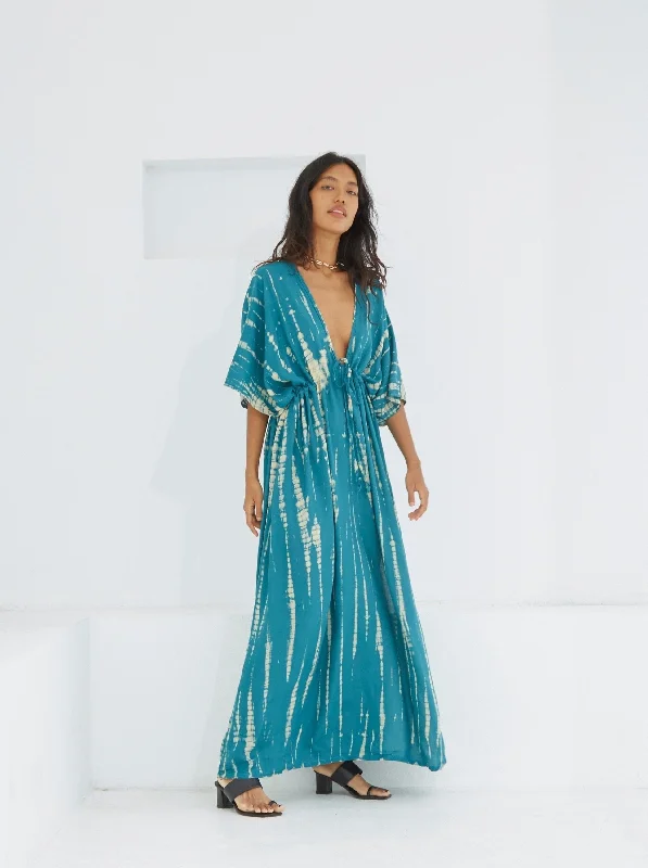 Goddess Tie Dye Kaftan Maxi Dress - Teal Trendy V-Neck Maxi Dress