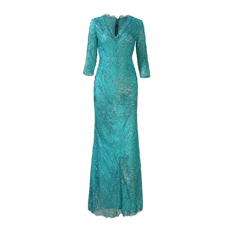 Green Beaded Sequined V-Neck Three Quarter Sleeve Maxi Dress Stylish Maxi Dress with Pleats