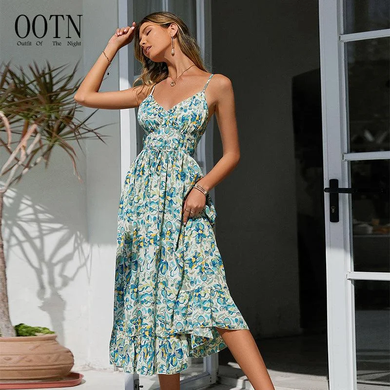 Green Floral Ruffle Spaghetti Strap Maxi Dress Comfortable Fitted Maxi Dress