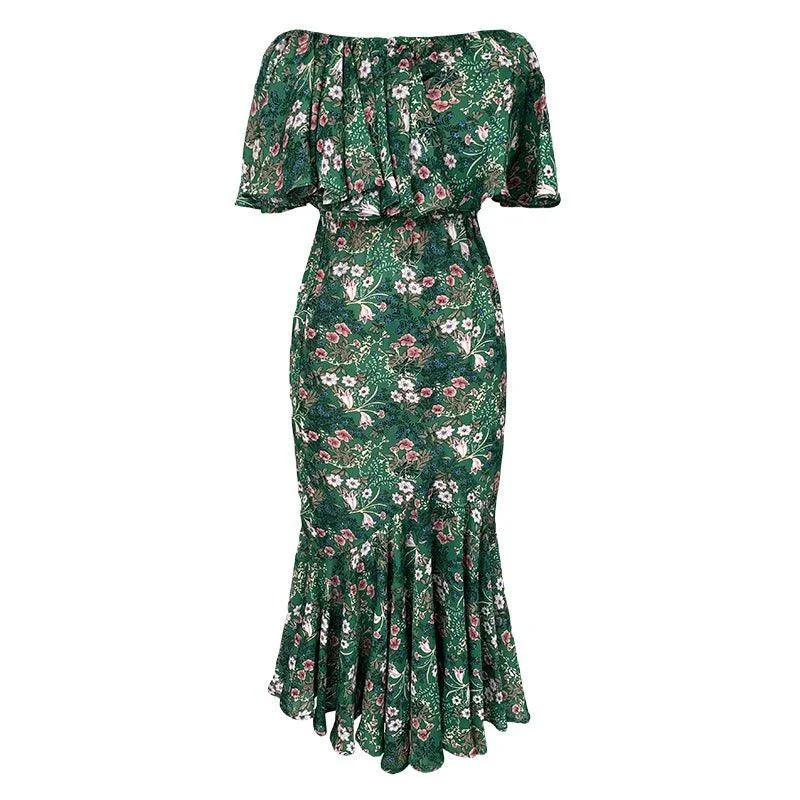 Green Ruffle Chiffon Floral Maxi Dress Comfortable Maxi Dress with Slits