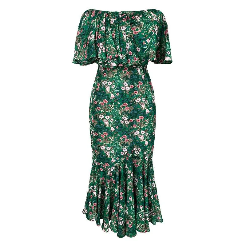 Green Satin Off Shoulder Floral Casual Slim A-Line Maxi Dress Fashionable Chiffon Tiered Maxi Dress