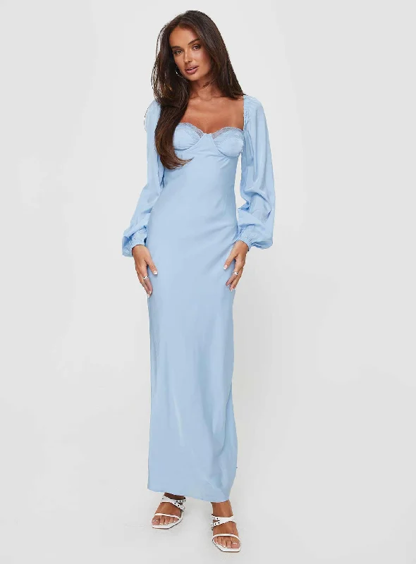 Hazel Long Sleeve Maxi Dress Blue Stylish Off-Shoulder Maxi Dress