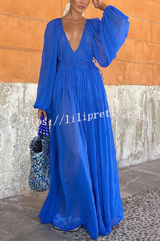 Lilipretty® Blue Gemstone Chiffon Ruched Gathered Waist Maxi Dress Comfortable Pleated Maxi Dress