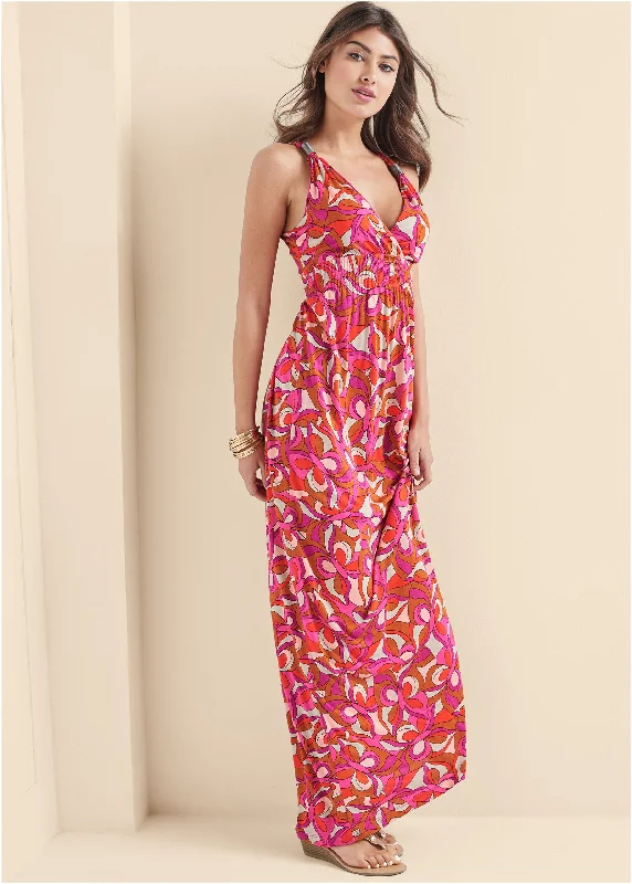 Geometric Print Maxi Dress - Pink Multi Fashionable Halter Neck Maxi Dress