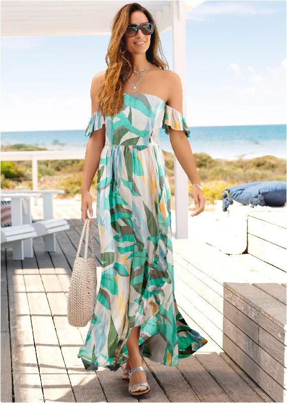 Off-The-Shoulder Maxi Dress - Beige Multi Comfortable Ruffle Hem Maxi Dress