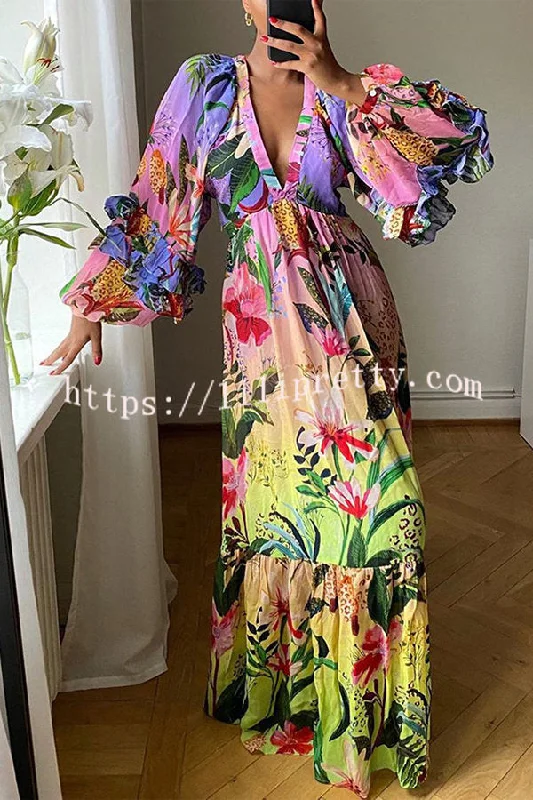 Lilipretty Jessy Tropical Print Tiered Ruffle Balloon Sleeve Vacation Maxi Dress Comfortable Casual Maxi Dress