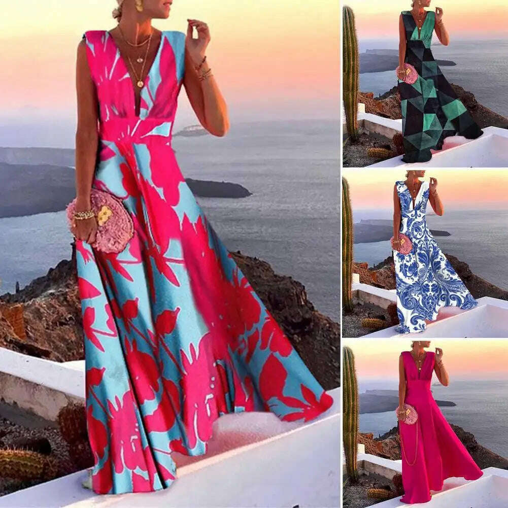 Large Hem  Trendy Summer Fashion Print Lady Maxi Dress Breathable Long Dress Temperament   for Daily Wear Trendy Maxi Dress with Belt