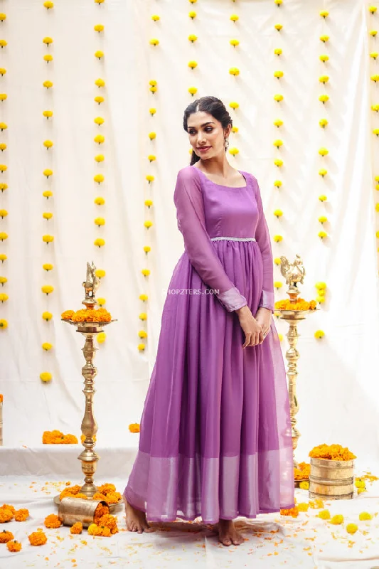 Lavendar Georgette Maxi Dress With Silver Zari Border Elegant Maxi Dress with Ruffles