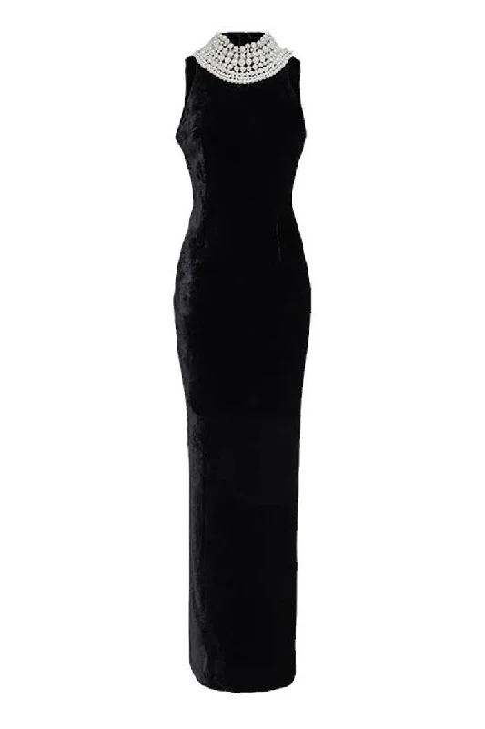 Luxury Faux Pearl Layered Chain Backless Sleeveless Velvet Evening Maxi Dress Elegant Maxi Dress with Drapes