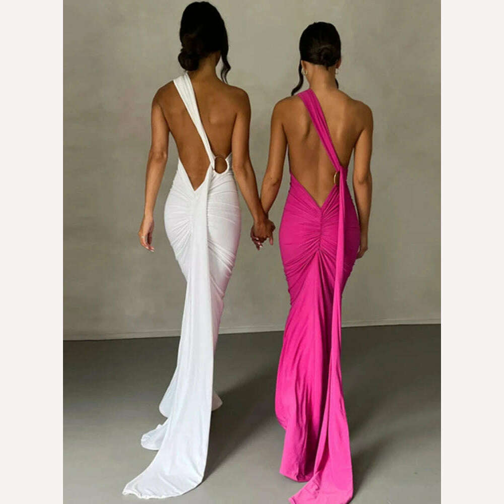 One Shoulder Backless Adjustable Scarf Loop Ruched Sexy Maxi Dress 2024 Women Elegant Y2K Vintage Dress Fashion Summer Robe Size Comfortable Ruffle Maxi Dress