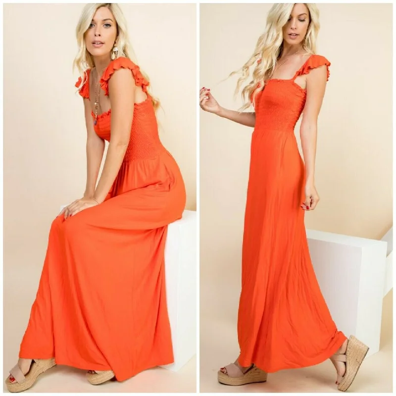 Orange Smocked Pockets On Off Shoulder Maxi Dress Casual Womens Trendy Maxi Dress with Lace