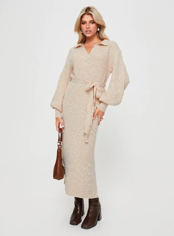 Oriel Long Sleeve Knit Maxi Dress Beige Classic Strapless Maxi Dress