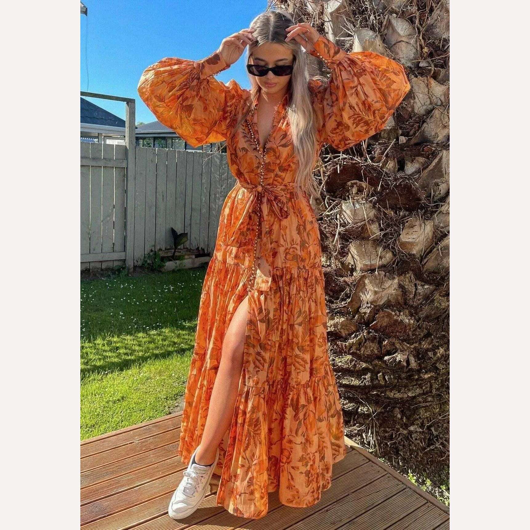 Pinkoz runway designer summer spring orange printed maxi dress single breasted lantern sleeve long party holiday vestidos sashes Comfortable Satin Maxi Dress