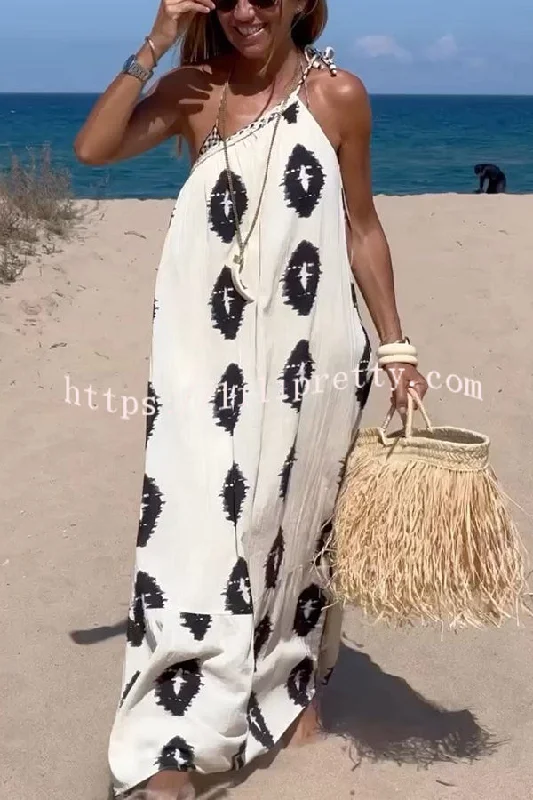 Lilipretty Plenty of Sunshine Ethnic Print One Shoulder Loose Maxi Dress Casual Maxi Dress with Pockets