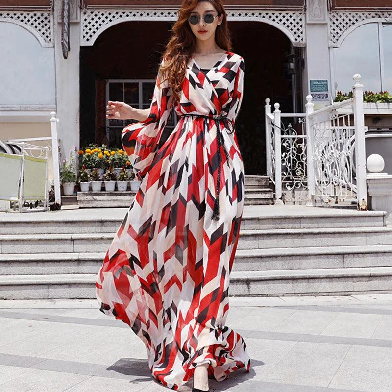 Red and White Chiffon Print Floral Maxi Dress Stylish One-Shoulder Maxi Dress