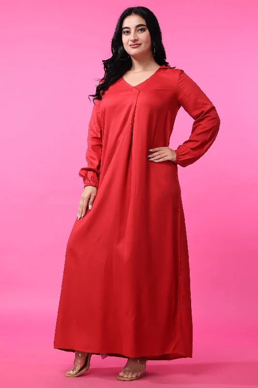 Red Solid Maxi Dress Cozy Maxi Dress with Slit