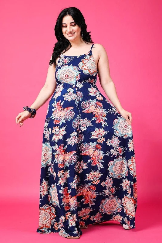 Royal Blue Floral Printed Maxi Dress Elegant Maxi Dress with Drapes