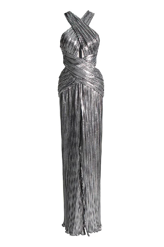 Sexy Crossover Neck Cut Out Metallic Pleated Split Evening Maxi Dress Cozy Open-Back Maxi Dress