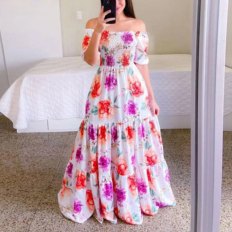 Zjkrl Sexy Off The Shoulder Tube Top Dress Butterfly Rainbow Floral Print Dress Ladies Elegant Slim Summer Bohemian Party Maxi Dresses Comfortable Pleated Maxi Dress