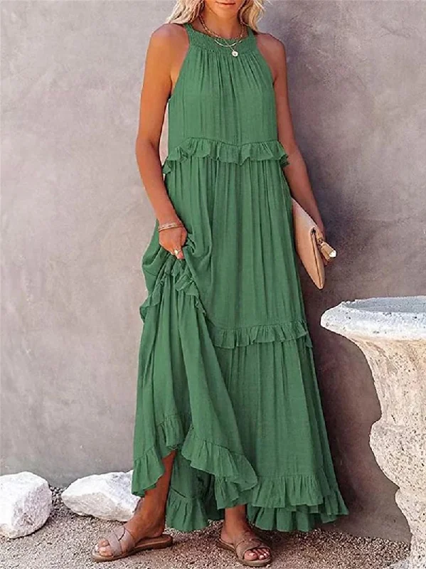 Summer Loose Long Dress Women Casual Elegant Ruffle Halter Sleeveless Female Party Outfits Beach Maxi Dresses Green Tie-Up Robe Trendy Fit-and-Flare Maxi Dress