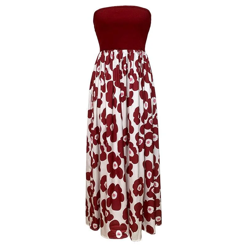 Summer Tube Top Floral Maxi Dress Elegant Silk Maxi Dress