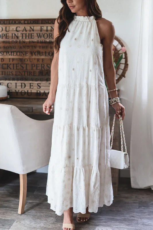 The Alexa Eyelet Maxi Dress Fashionable Off-Shoulder Maxi Dress