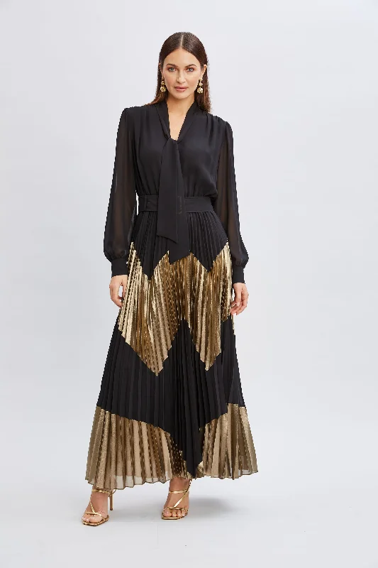 Chiffon Gilded Pleated Maxi Dress Trendy Maxi Dress with Bow