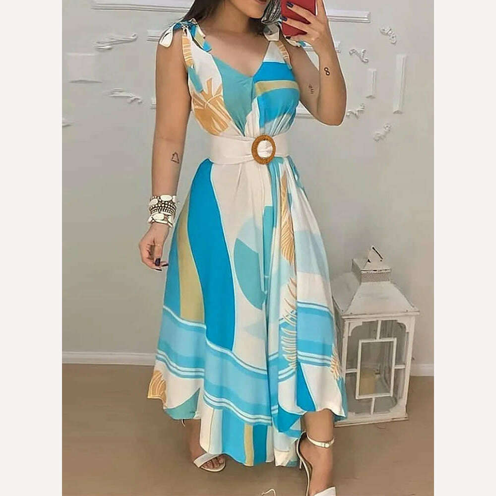 Tropical Print V Neck Tie Up Maxi Dress with Belt Women Sleeveless Casual Summer Dress Comfortable Satin Maxi Dress