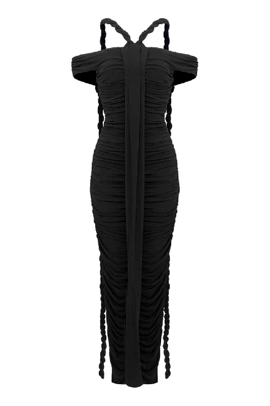 Unique Draped Rose Off Shoulder Ruched Bodycon Jersey Evening Maxi Dress Comfortable T-Shirt Maxi Dress