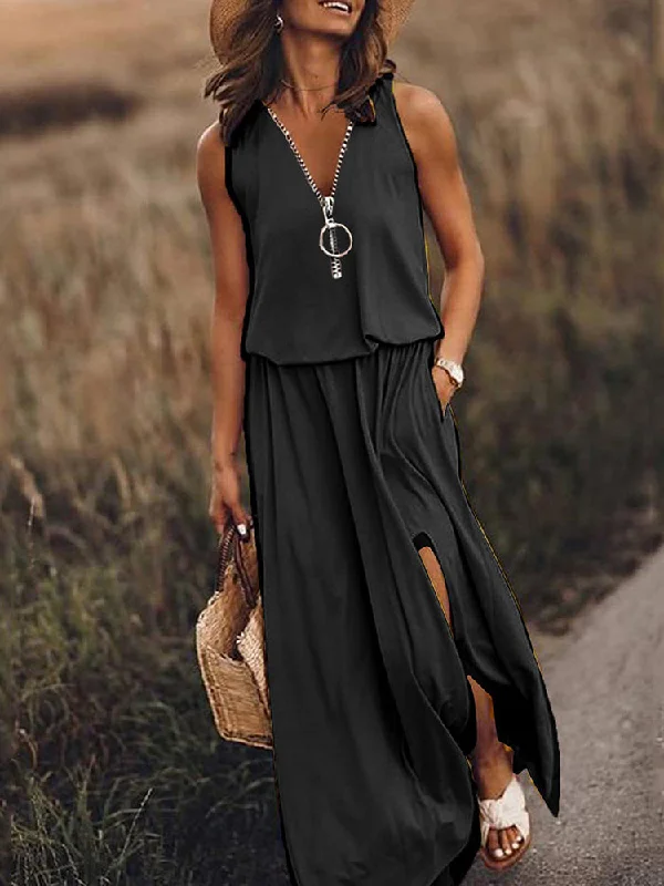 Zjkrl - Casual Waist Solid Color Sleeveless Maxi Dress Elegant Maxi Dress with Lace