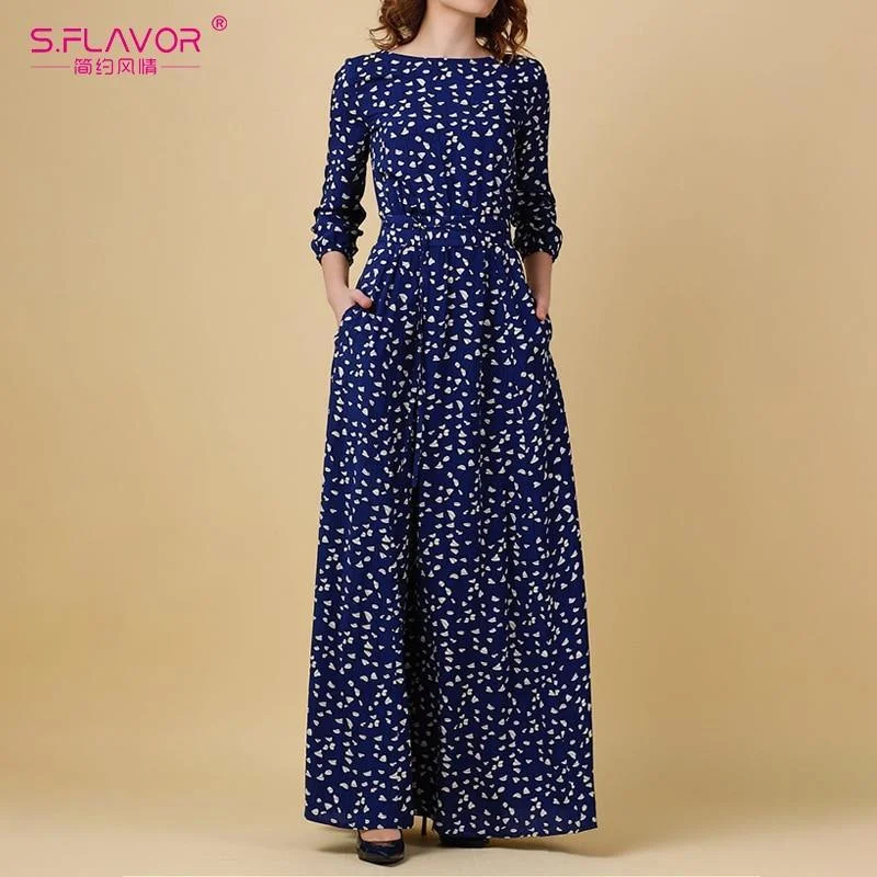 Vintage Print Elegant Maxi Dress Cozy Longline Maxi Dress