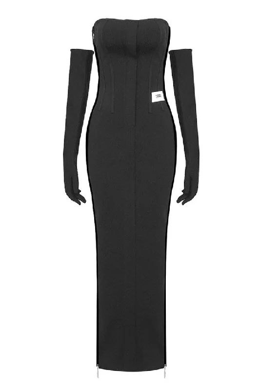 Vintage Strapless Opera Glove Zip Side Split Bandage Bodycon Evening Maxi Dress Stylish V-Neck Maxi Dress