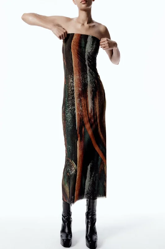 Vintage Style Abstract Printed Summer Strapless Mesh Maxi Dress - Brown Cozy Ribbed Maxi Dress