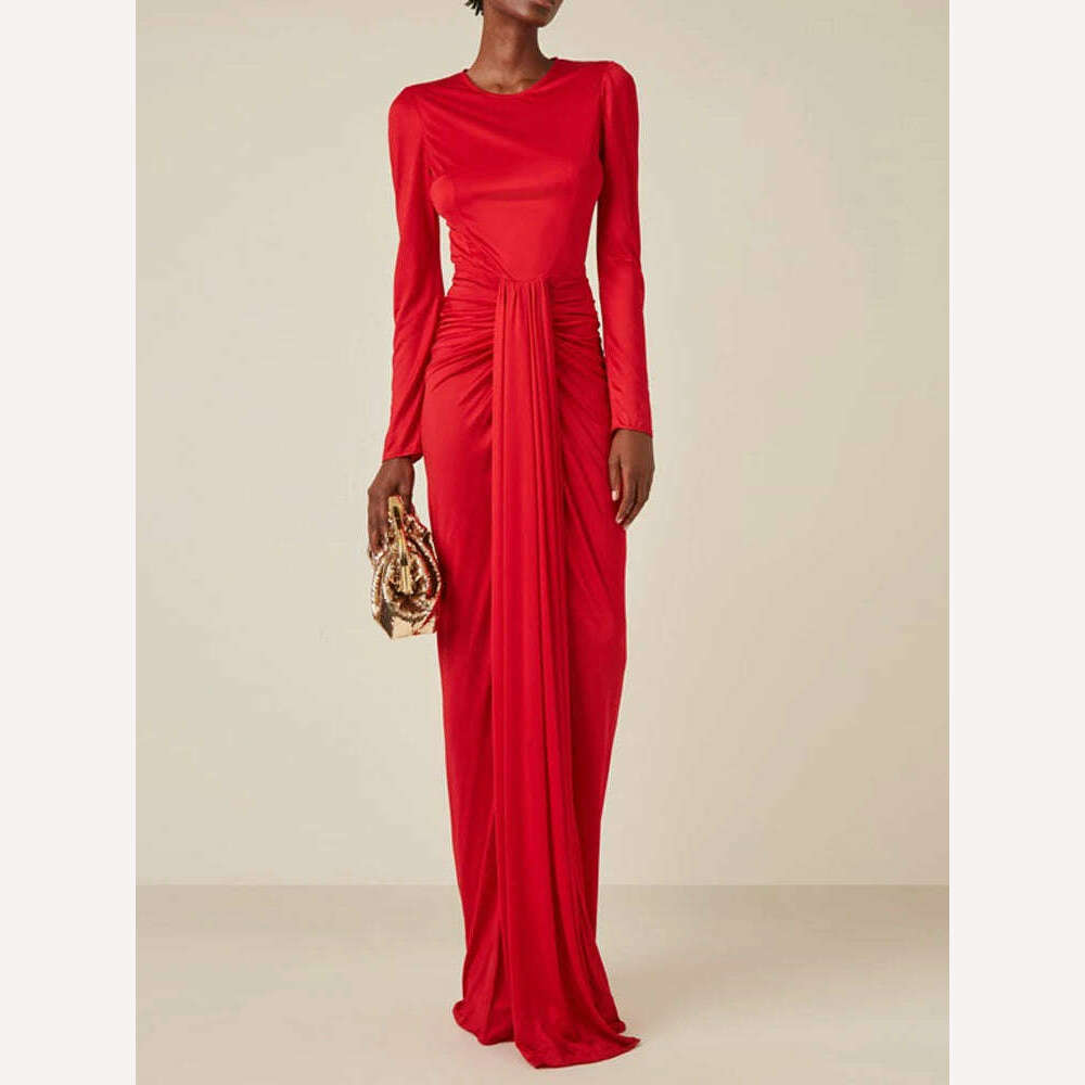 VKBN News Party Evening Dresses Female Casual Belt Red Banquet Formal Occasion Maxi Dress for Wedding Guest Women Elegant Maxi Dress with Slit