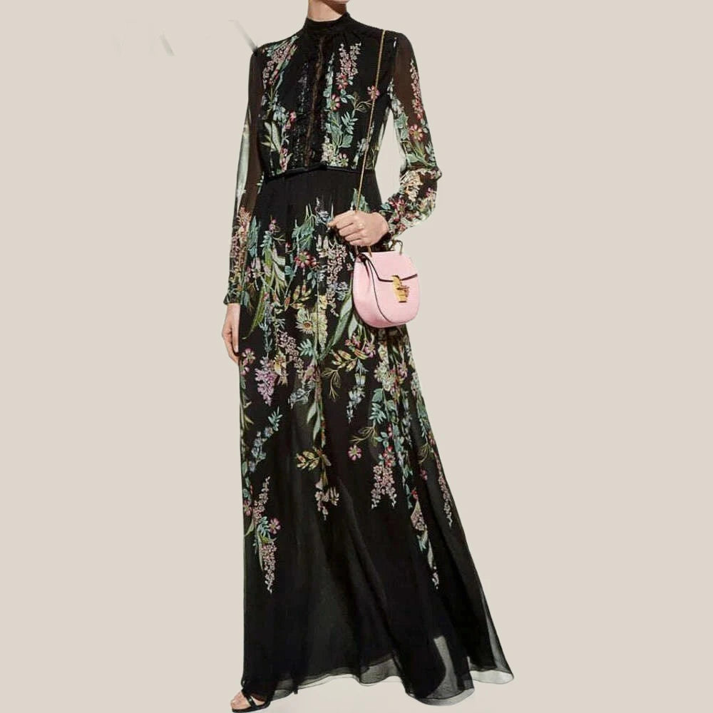 VKBN Summer formal occasion Dresses Women Black Printing Lantern Sleeve High Waist Party Maxi Dress Female Elegant Stylish A-Line Maxi Dress