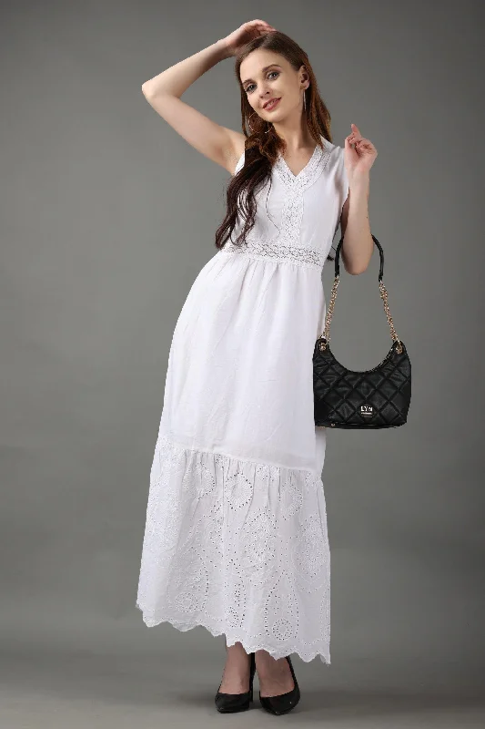 White Solid Frill Maxi Dress with Lace Trendy Floral Print Maxi Dress