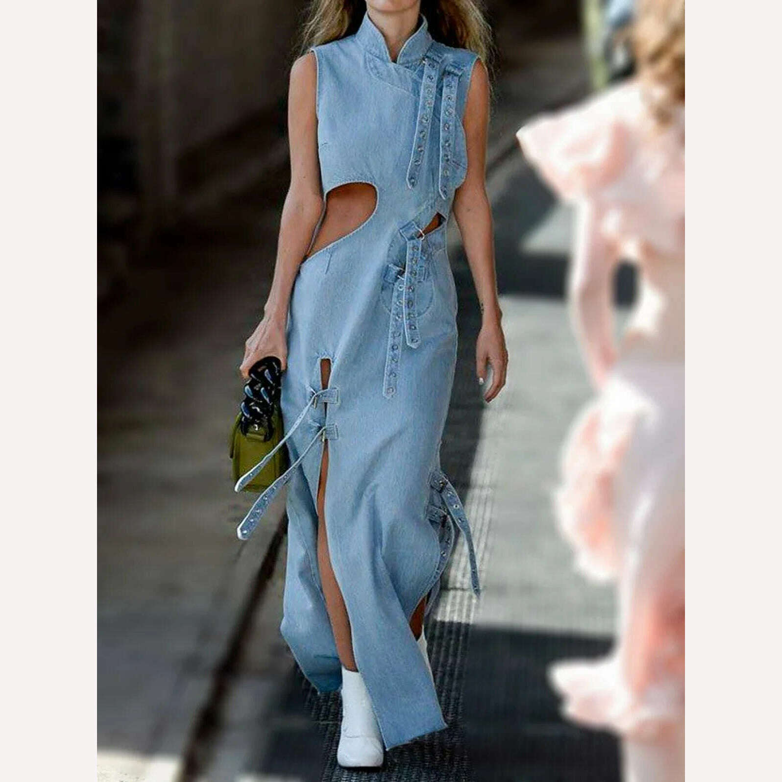 Women Denim Dress Fashion High Waist Hollow Out Long Party Dress Sexy Cutout Sleeveless Thigh Stand Collar Slit Maxi Dresses Comfortable Flowy Maxi Dress