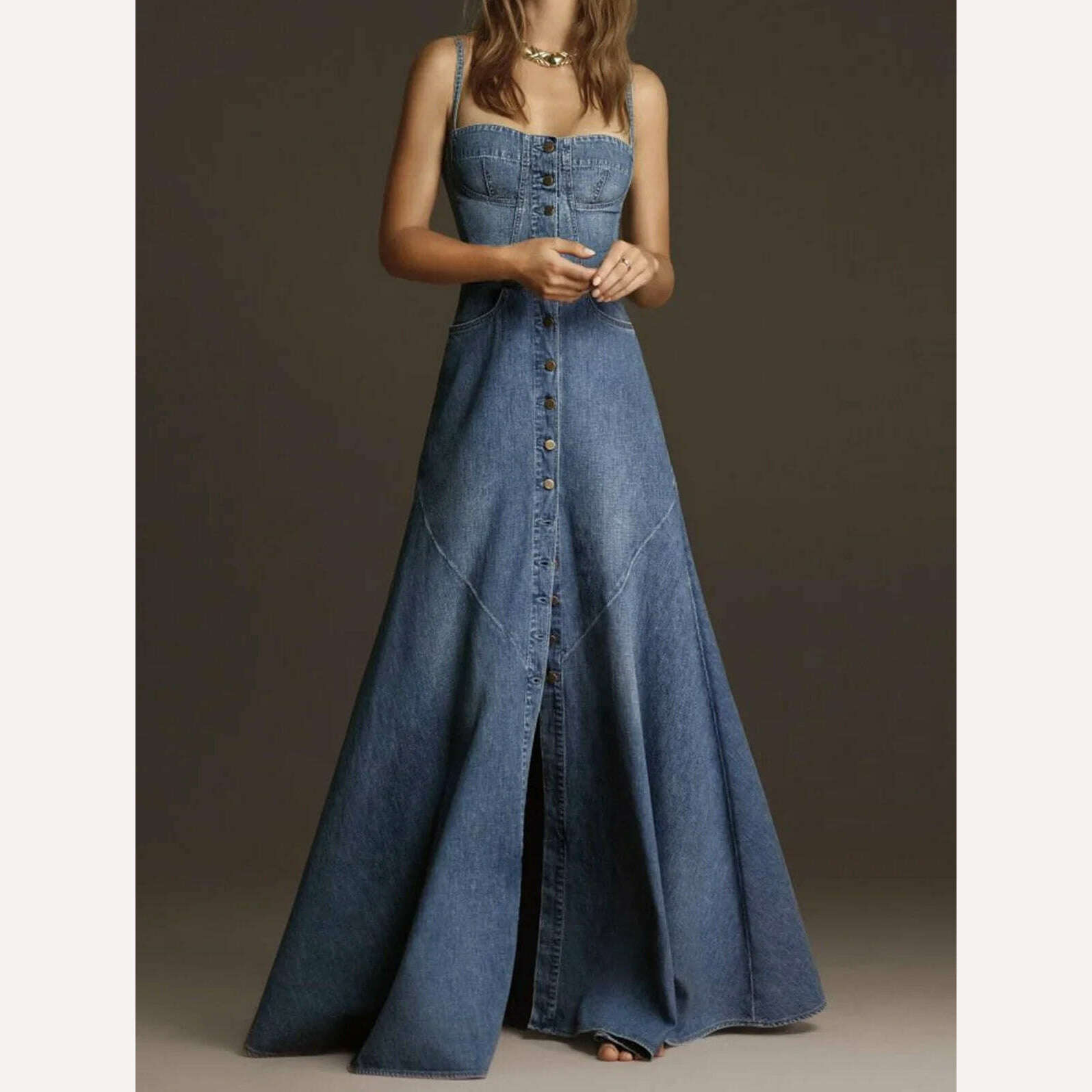 Women Denim Dress Sleeveless Square Collar Sling Jean Slim Fit Long Dress Summer Elegant Female Buttons Maxi Dress Solid Robes Cozy Ribbed Maxi Dress